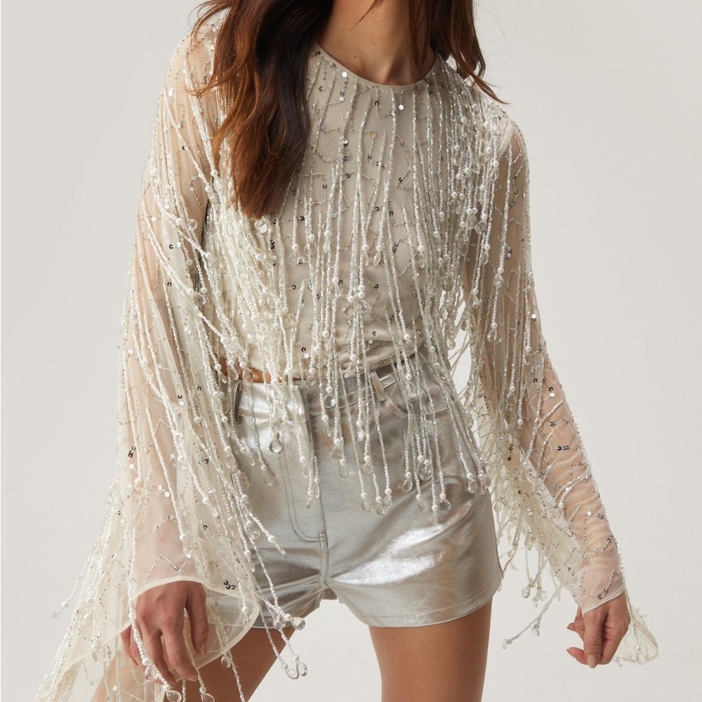Beaded Tassel Sheer Bell Sleeve Top - sequin and sparkle